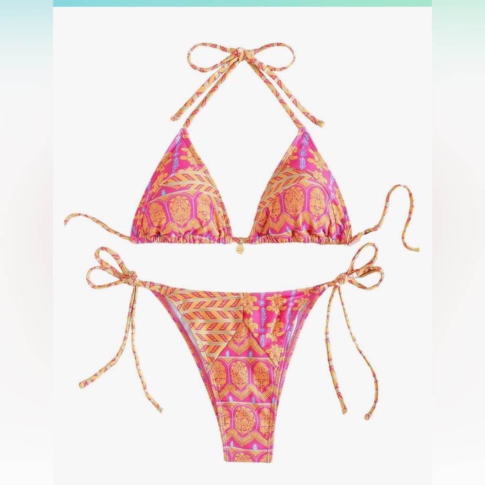 Boho Pink & Orange Paisley Tie Bikini Set - Triangle Top